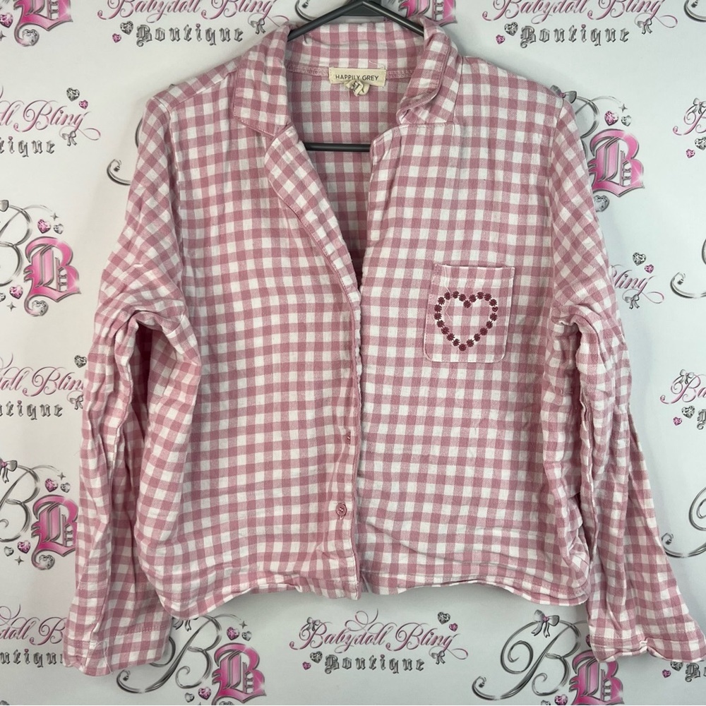 Happily grey button up gingham shirt heart embroidery white Pink red Checkered